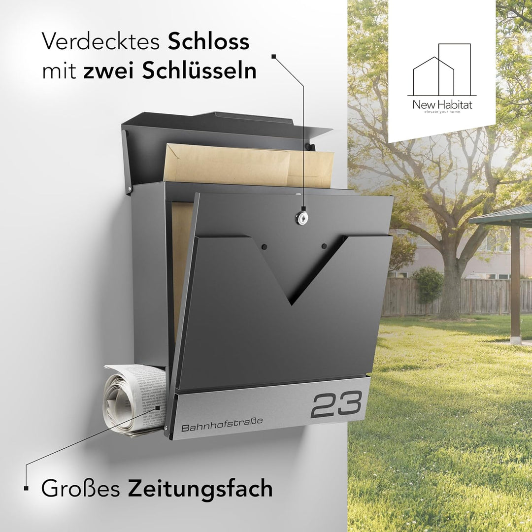 Moderner Briefkasten Personalisierbar Venedig Anthrazit RAL7016 - mit Zeitungsfach - Wandbriefkasten