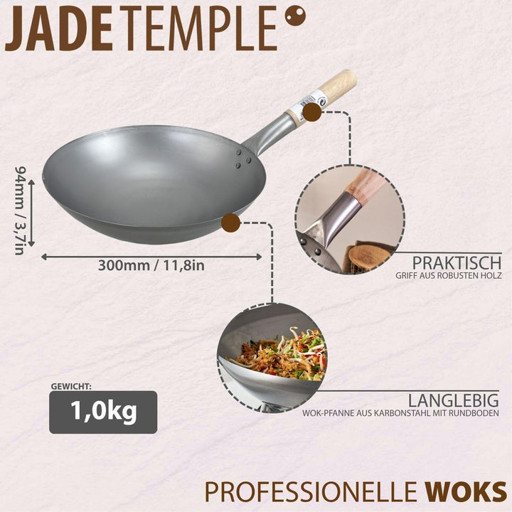 JADE TEMPLE Wok aus Carbonstahl mit 30 cm Durchmesser, mit rundem Holzgriff, Grau Durchmesser 30 cm