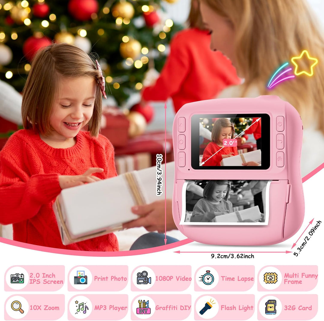 Hangrui Kinderkamera Sofortbildkamera, 14MP Sofortbildkamera Kinder mit 32G Karte & Druckpapier, 108