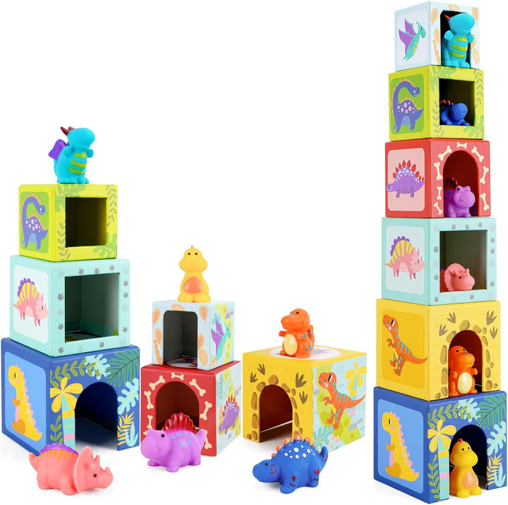 Baby Stapelwürfel und Stapelturm, Kinder Dinosaurier Montessori Spielzeug ab 1 2 3 Jahr, Geschenk ,