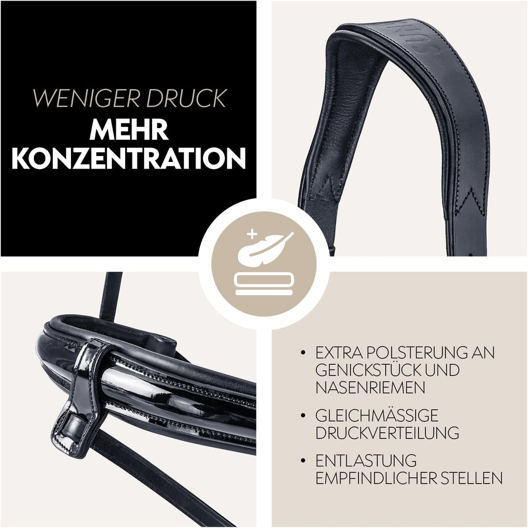 SUNRIDE schwedische Trense Aspen mit Zügel, aus weichem Echtleder mit Lack, verstellbar und anatomis