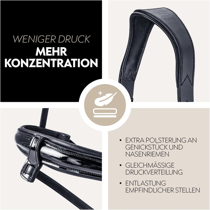 SUNRIDE schwedische Trense Aspen mit Zügel, aus weichem Echtleder mit Lack, verstellbar und anatomis
