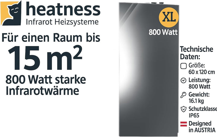 heatness Infrarotheizung Spiegel Wand, XL – Wandheizung energiesparend, Elektroheizung 800 Watt, Hei