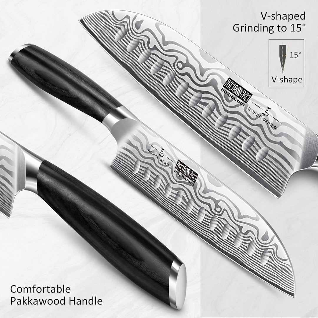 HOSHANHO 18 cm Santokumesser, Ultrascharfes Japanisches Küchenmesser aus Pulverisiertem Kohlenstoffs