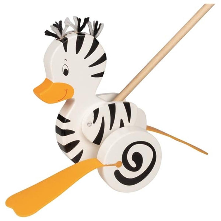 goki 54959 Schiebetier Zebra-Ente, 16 x 12 x 59 cm, Holz, Lauflernspielzeug mit watschelnden Gummifü