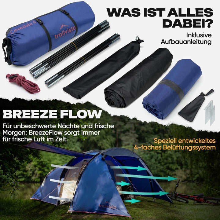Cevedale Zelt 4 Personen Wasserdicht, leicht, kompakt & schnell aufbaubare Zelte, Camping Zelt mit V