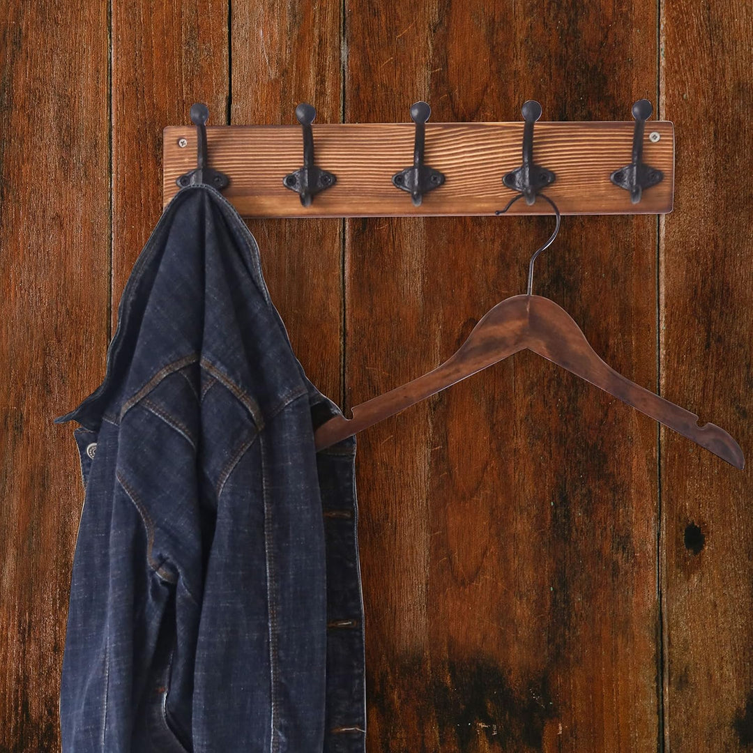 WEBI Garderobenleiste Holz,Wandgarderobe mit 5 Haken Gusseisen,Garderobenhaken Wand Garderobe Hakenl