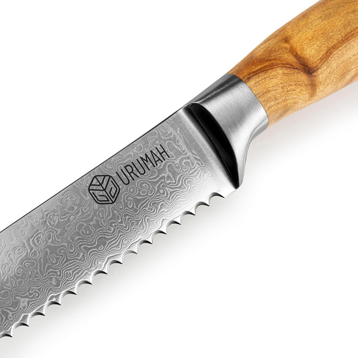 URUMAH Damascus Brotmesser Wellenschliff 20 cm mit ergonomischem Olivenholzgriff Klinge aus rostfrei