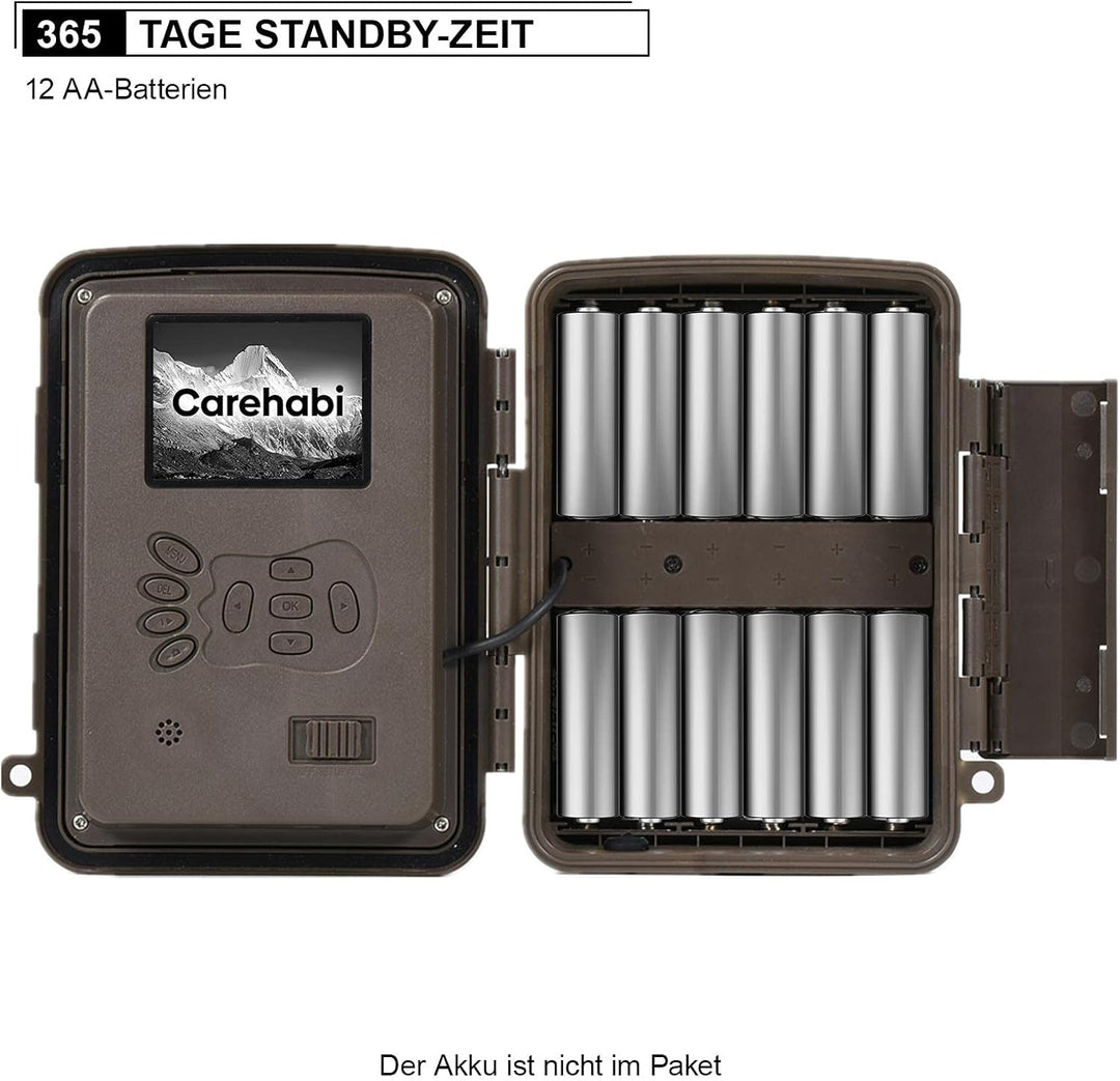 Carehabi 24MP 4K Wildkamera nachtsichtgerät mit 64 GB SD U3 Speicherkarte 46pcs-940nm-IR-LED 28m Nac