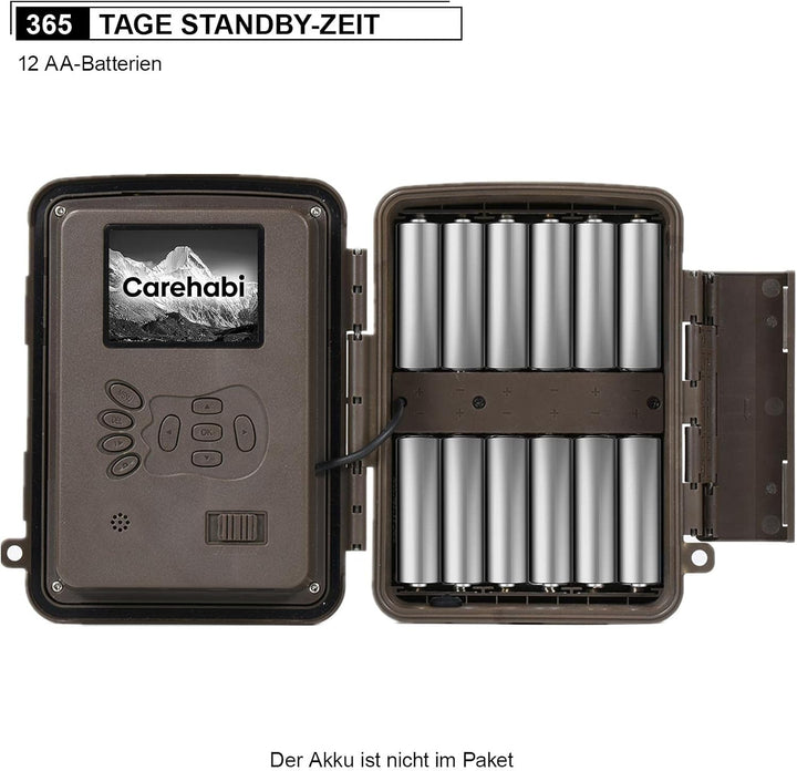 Carehabi 24MP 4K Wildkamera nachtsichtgerät mit 64 GB SD U3 Speicherkarte 46pcs-940nm-IR-LED 28m Nac