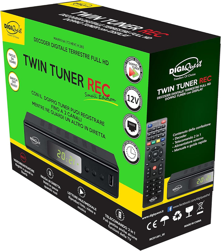 Digiquest Twin Tuner Rec - Digitaler terrestrischer Decoder DVB-T2, Full HD - Small Edition - Videor