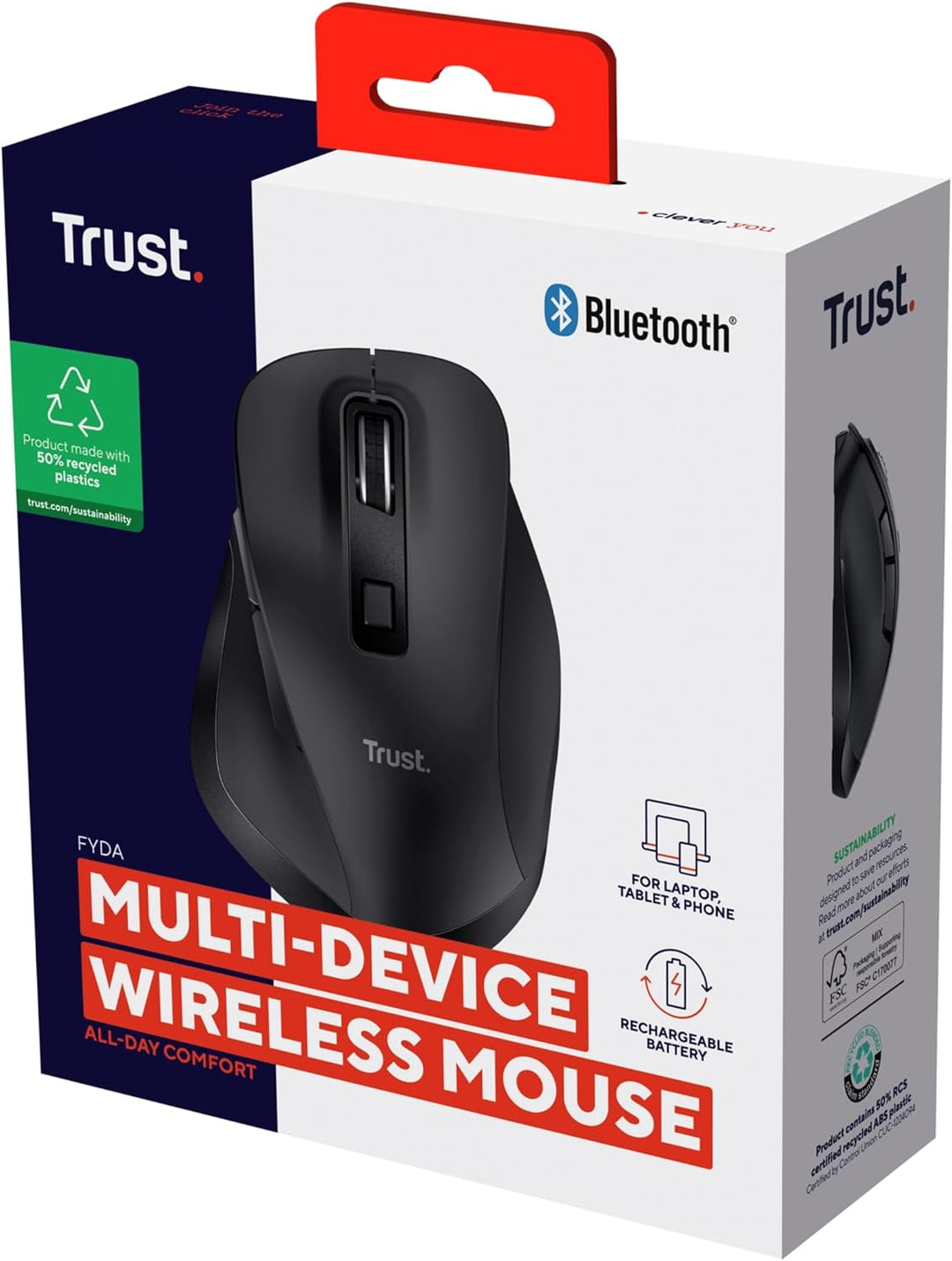 Trust Fyda Aufladbare Kabellose Maus Bluetooth + 2.4GHz, Ergonomische Daumenauflage, 50% Recyclingku