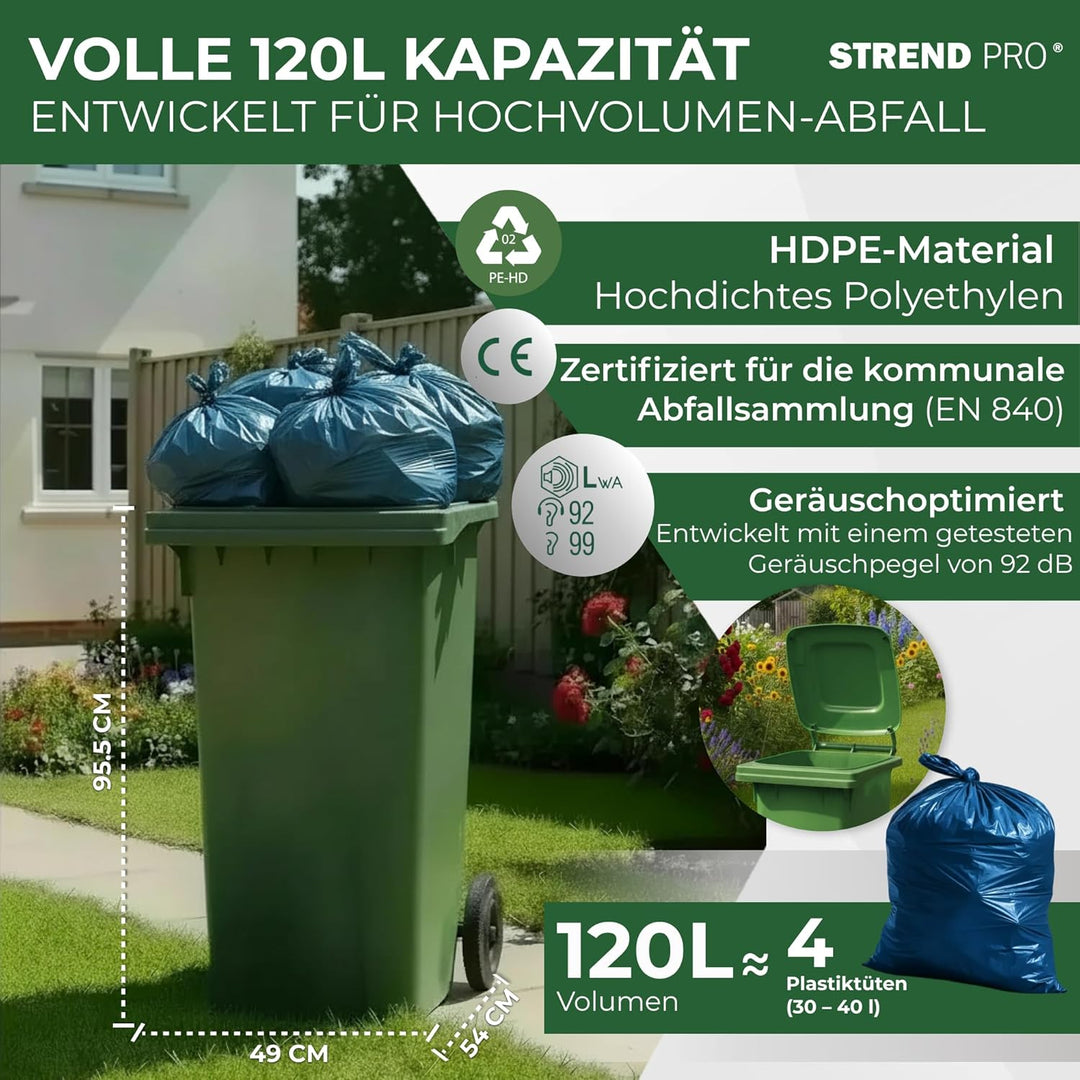 STREND PRO Mülltonne 120L Grün | Abfalltonne für Gartenabfall, Papier & Glas | Mülleimer mit Deckel