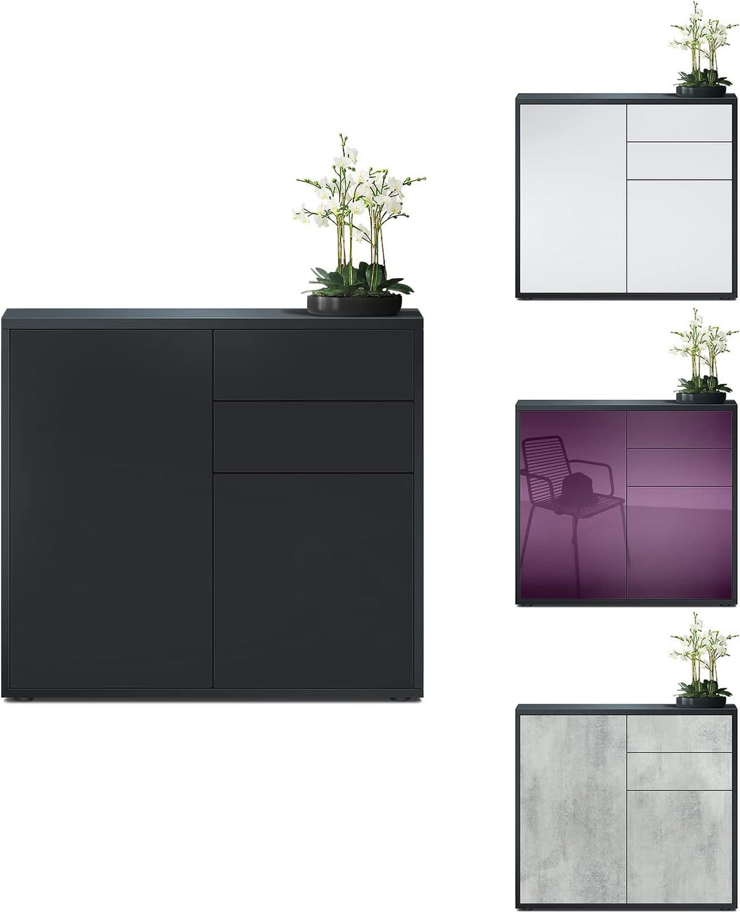 Vladon Sideboard Ben, Kommode mit 2 Türen und 2 Schubladen, Schwarz matt/Grau Hochglanz (79 x 74 x 3