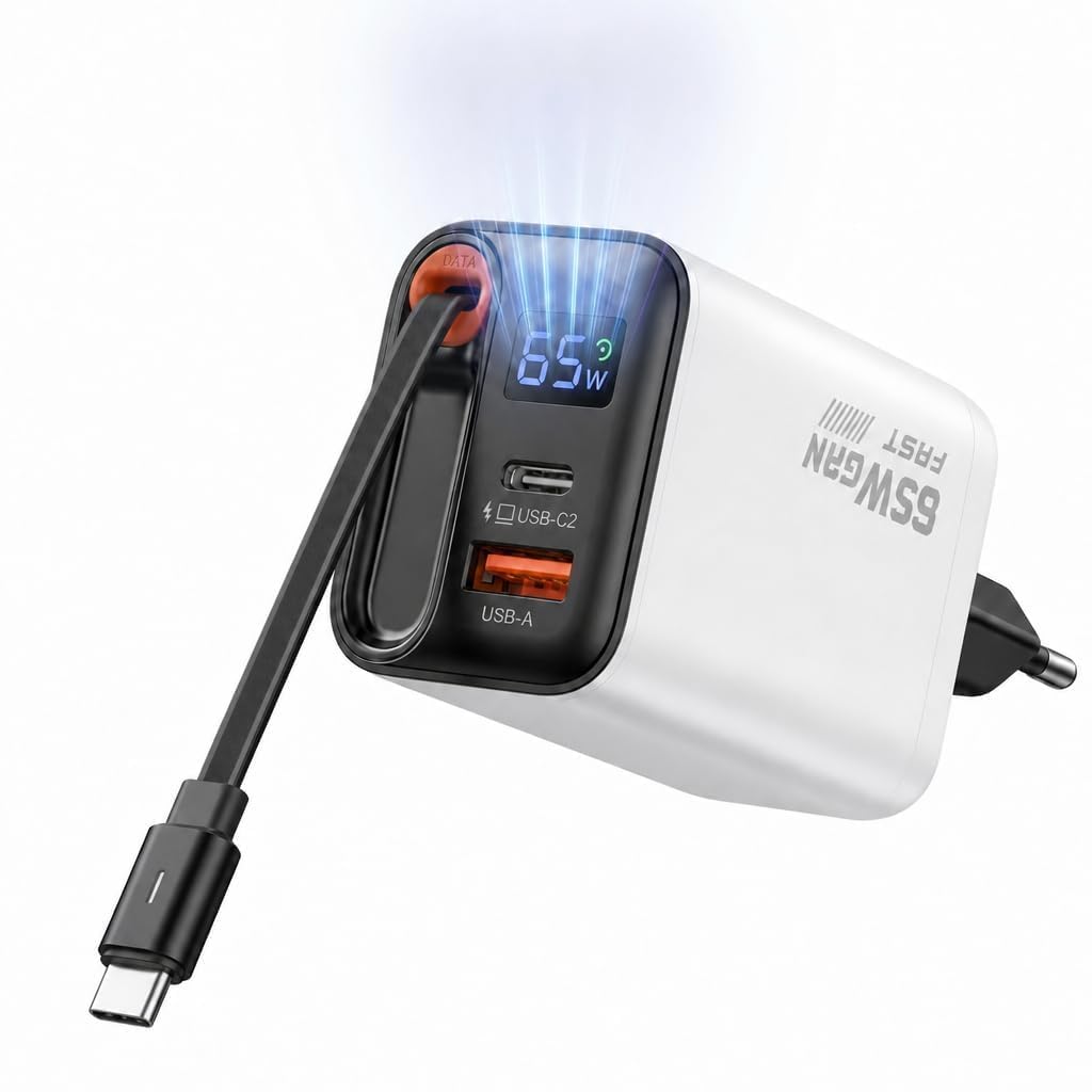 65W GaN Schnell Ladegerät mit 65cm einziehbarem Kabel, LED-Anzeige &amp;3‑Port