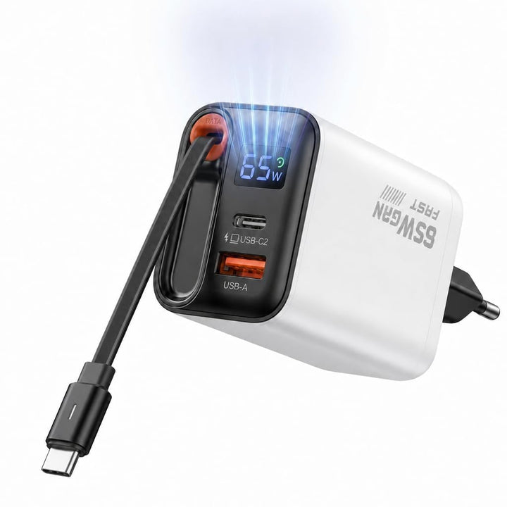 65W GaN Schnell Ladegerät mit 65cm einziehbarem Kabel, LED-Anzeige &amp;3‑Port