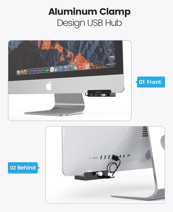ORICO USB Hub Clip-Typ, 4 Port USB 3.0 Hub 5 Gbps Super Speed Mini Aluminum Datenhub Mit 150cm Kabel