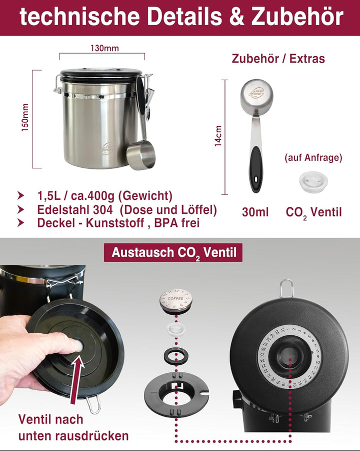 Kaffeedose luftdicht 500g - Silber - Kaffeebohnen Vorratsbehälter 1,5L aus Edelstahl mit Kalenderfun