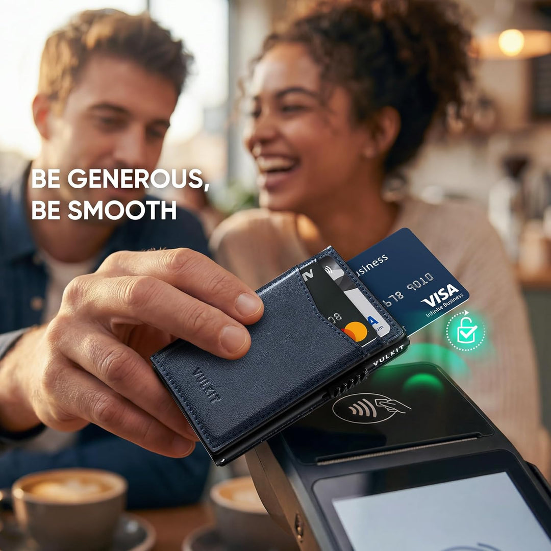 VULKIT Kreditkartenetui Leder Kartenetui RFID Blocking Automatische Pop Up Visitenkartenetui für Kar
