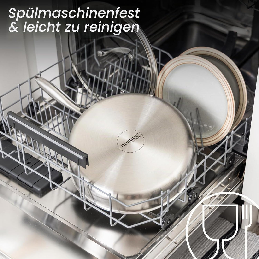 nuovva Edelstahl-Sautépfanne mit Glasdeckel, Induktionsherd, antihaftbeschichtet, 28 cm Bratpfanne S