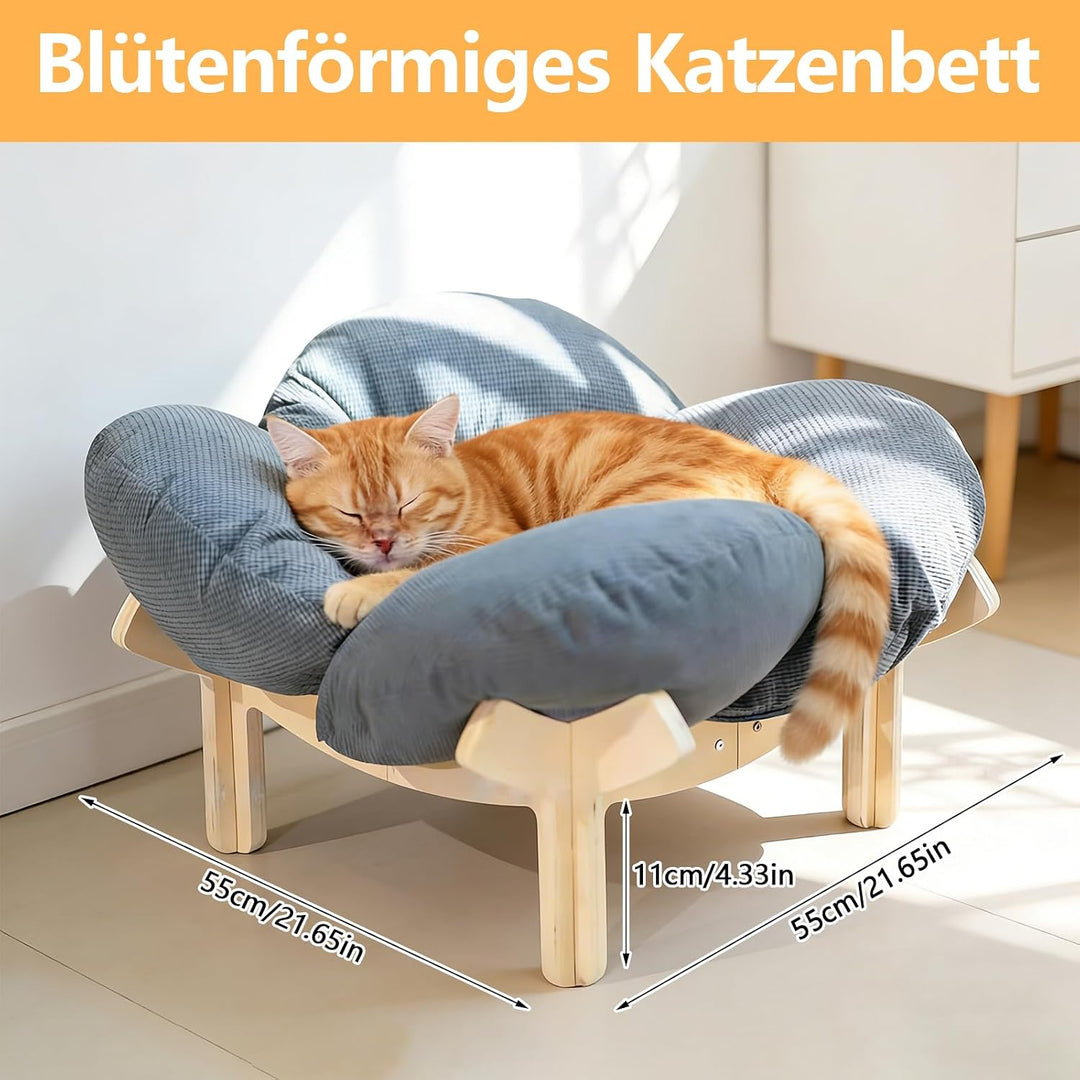 Erhöhtes Katzenbett aus Holz, Flauschiges Katzensofa in Blumenform, Katzenkissen mit waschbarem & Ho