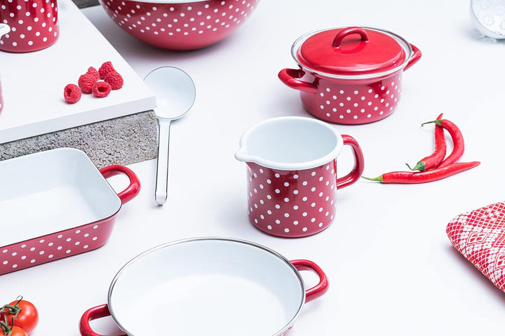 Riess, 0039-077, Schnabeltopf ø 10cm, PÜNKTCHEN ROT, Rot, Emaille, Vol. (rec.): 0,8 Liter, Made in Ö