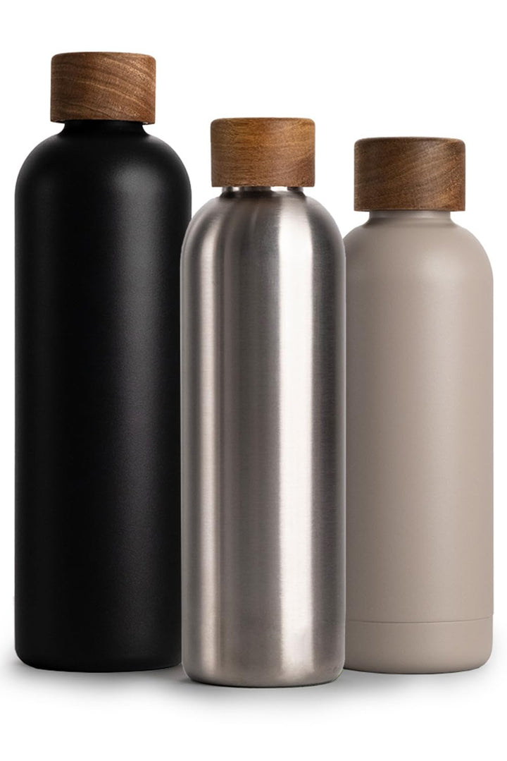 T&amp;N Edelstahl Trinkflasche 750ml, Thermosflasche 0.75l mit Akazienholz Deckel, Isolierte Wasserflasc
