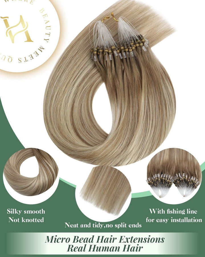 Ugeat 50cm Micro Loop Extensions Echthaar Balayage 9A/60/9A Hellbraun mit Platinblond Echthaar Verlä