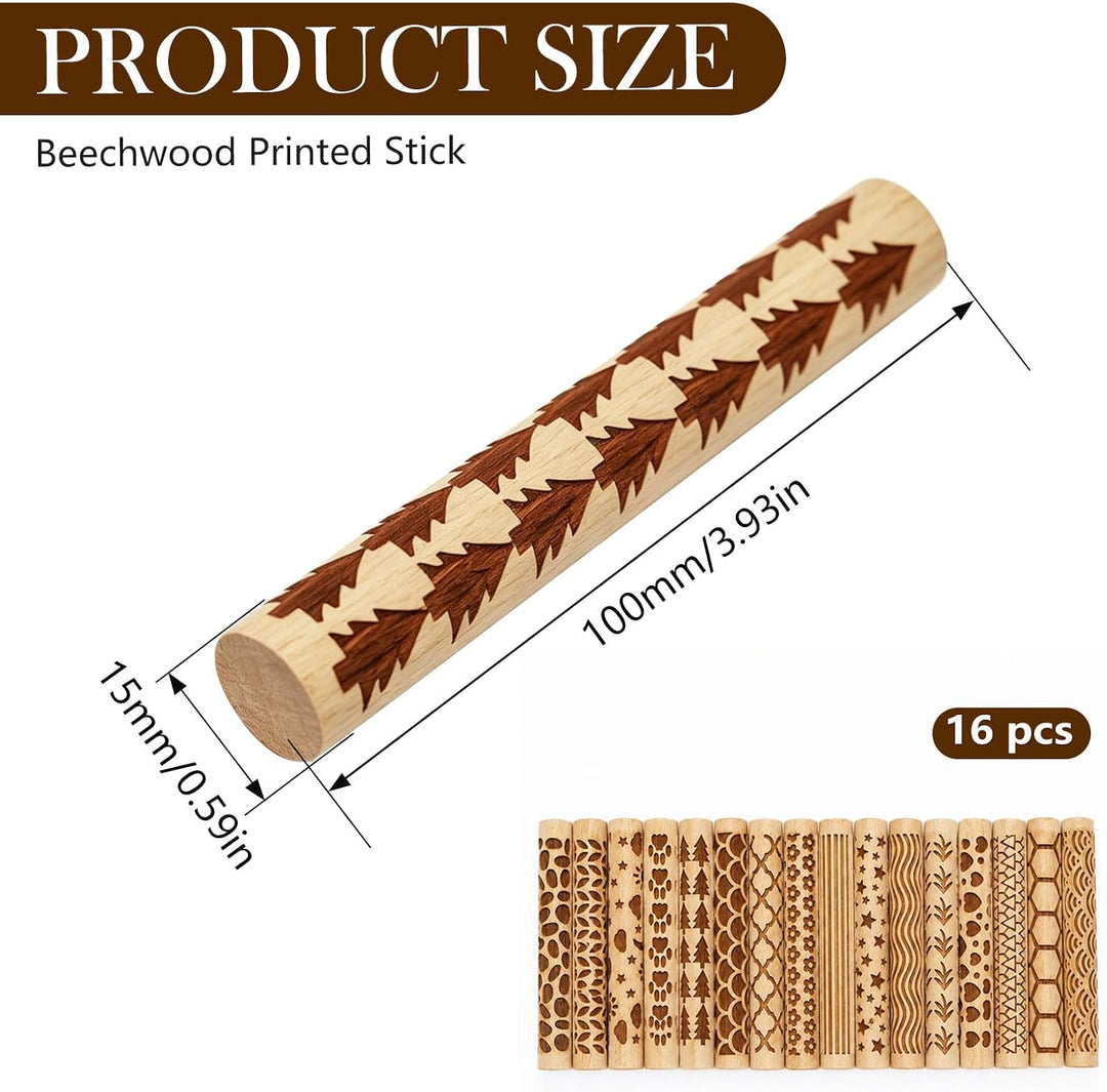 16 Stück Holz Texturrolle für Ton & Keramik 10x1.5cm 16 Stile Töpferstempel Rollen Klein Runde Töpfe