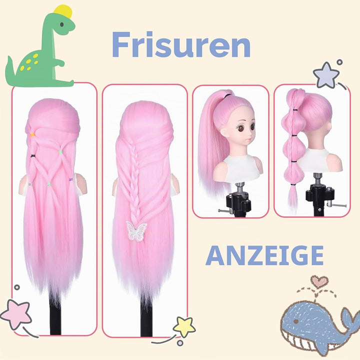 Mannequin-Kopf für Kinder mit synthetischem glattem Haar, Puppenkopf zum Üben von Flechten (Rosa)