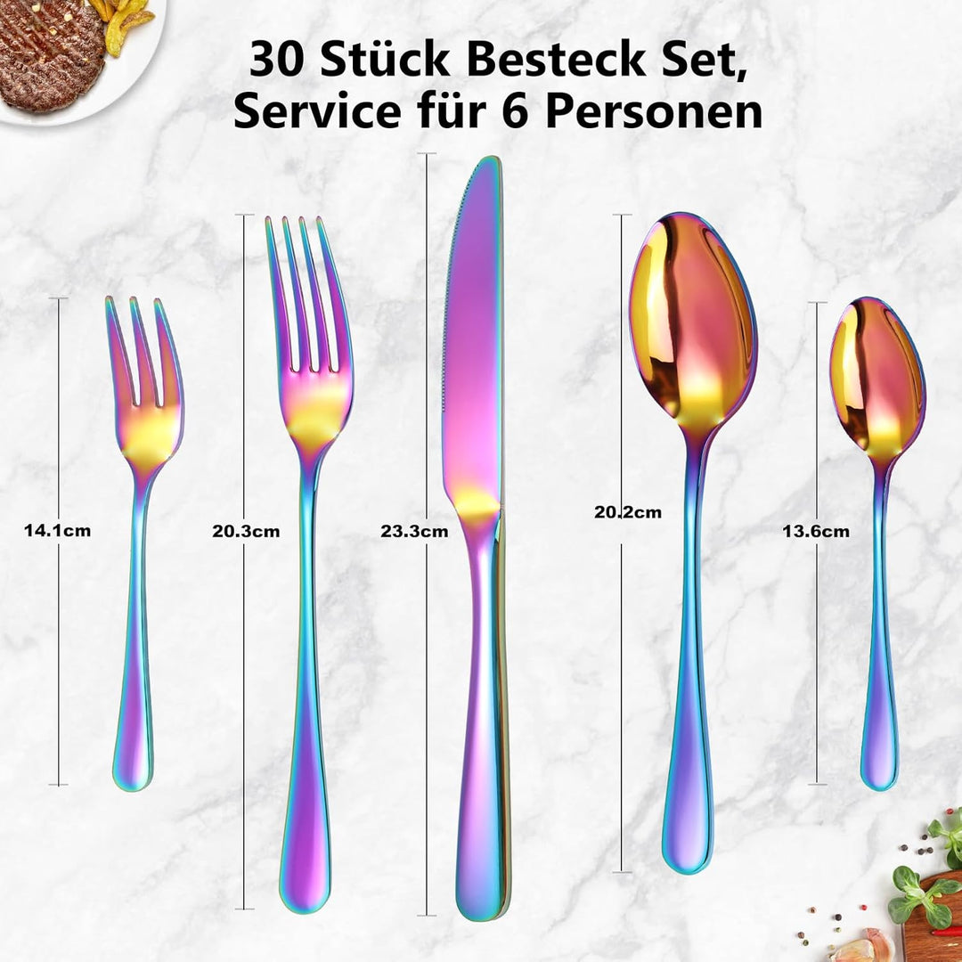 Regenbogen Besteck Set 6 Personen,Multicolor 30 Stück Hochwertiges Edelstahl Besteck Bunt,Messer,Gab