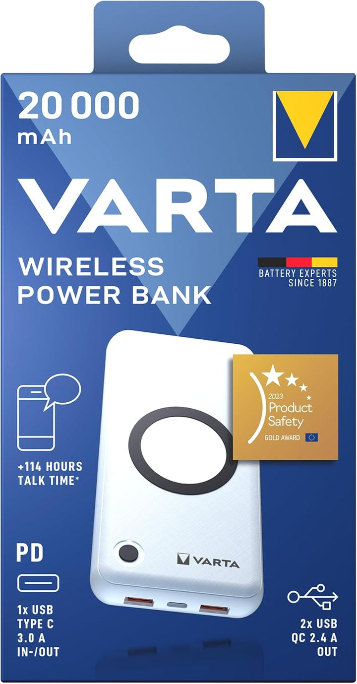 VARTA 2 in 1 Power Bank und Wireless Charger, kabelloses Ladegerät, Powerbank 20000mAh, LED Ladestan
