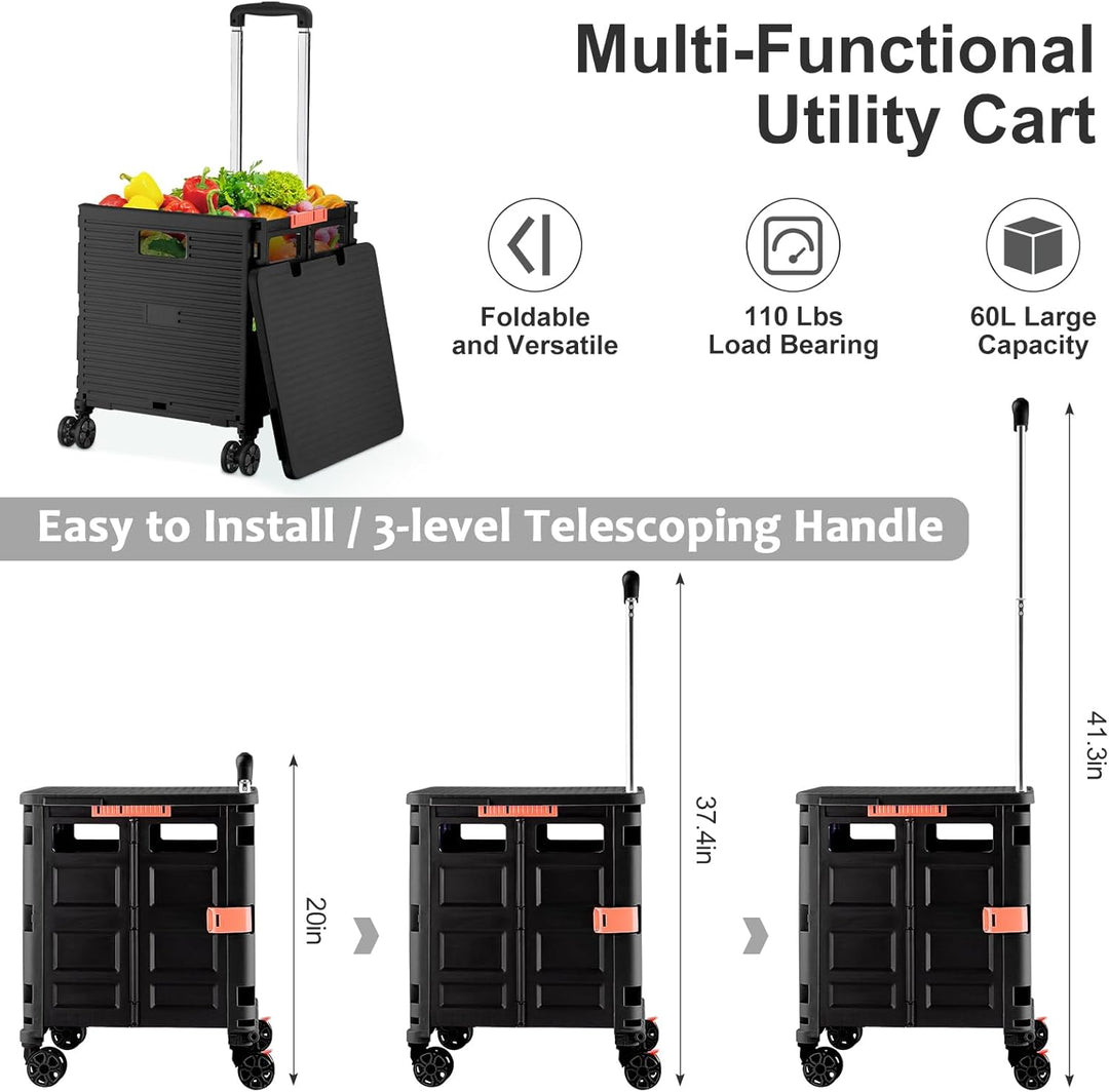 Einkaufstrolley Klappbar Transport Trolley bis 80KG Einkaufswagen Trolley mit Deckel und Teleskop Gr