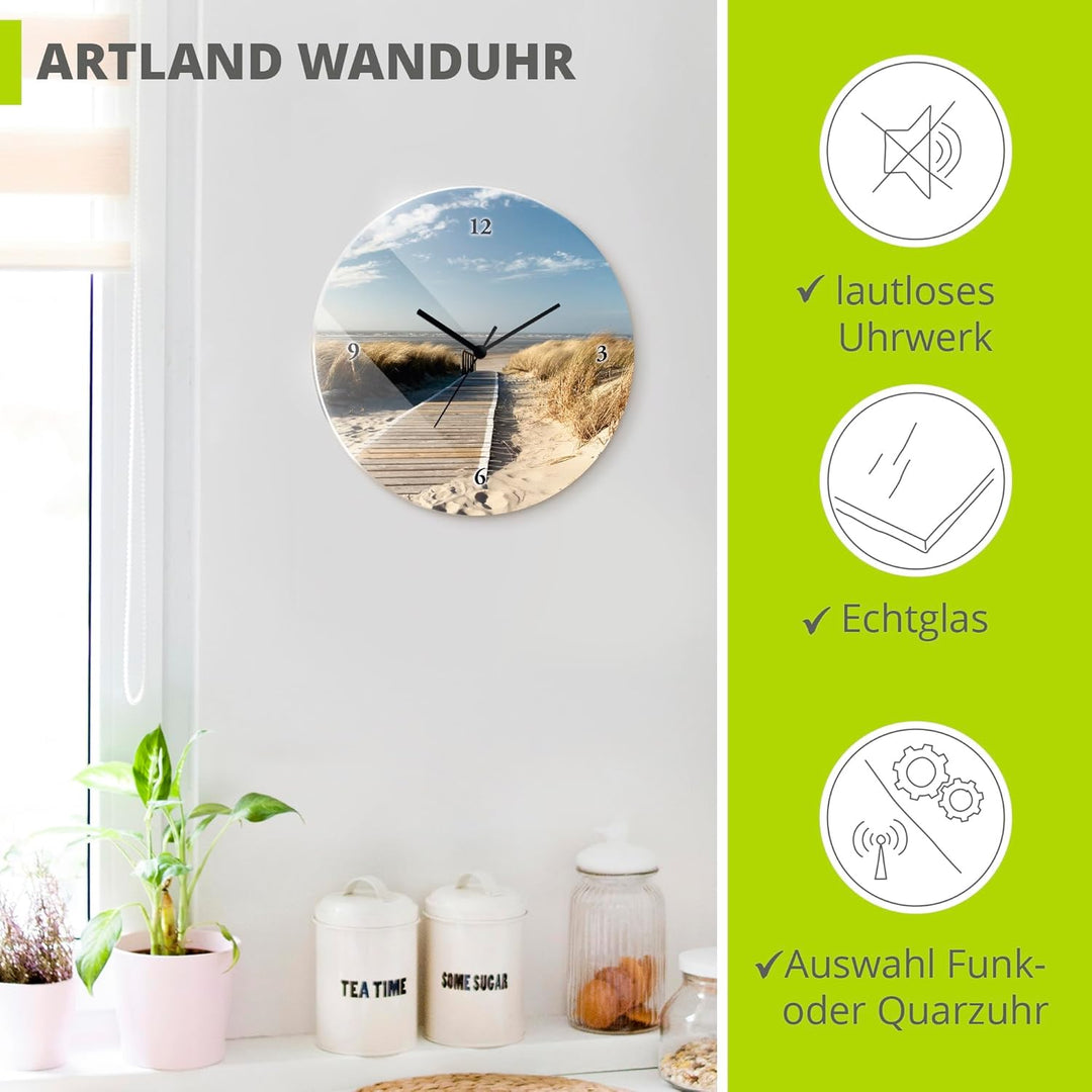 ARTLAND Wanduhr ohne Tickgeräusche Glas Funkuhr Ø 30 cm Rund Lautlos Nordseestrand Langeoog Nordsee