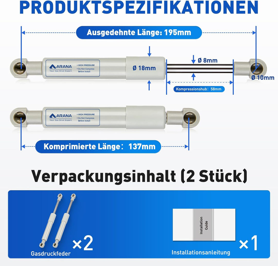 ARANA 195mm 100N Gasdruckdämpfer Ersatzteil für KESSEBÖHMER Lift-o-Mat Gasfeder Gasdruckfeder Hydrau