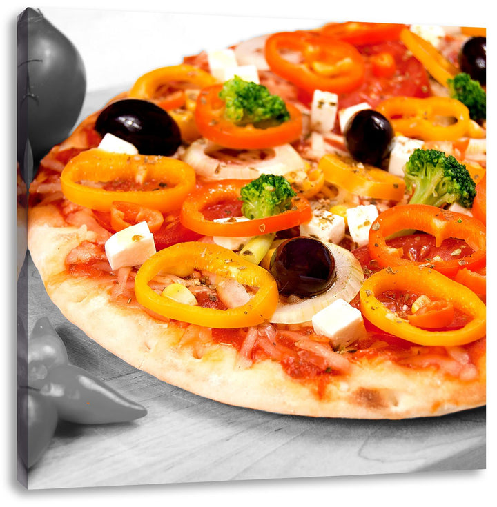 Pixxprint leckere Pizza mit Oliven und Hirtenkäse schwarz/weiss, Format: 70x70 als Leinwandbild, 70x