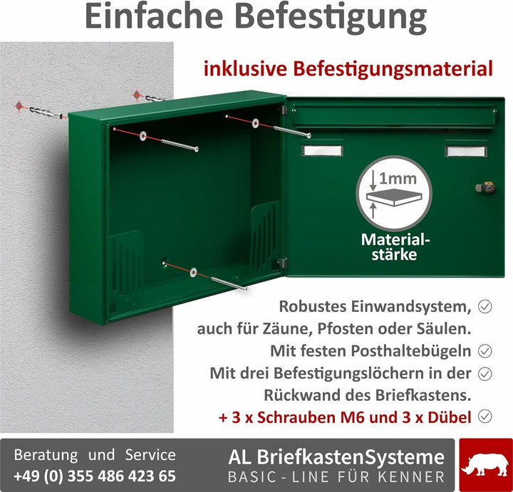 AL Briefkastensysteme Briefkasten mit Hausnummer grün RAL 6005 - Basic 1er Briefkasten mit Hausnumme