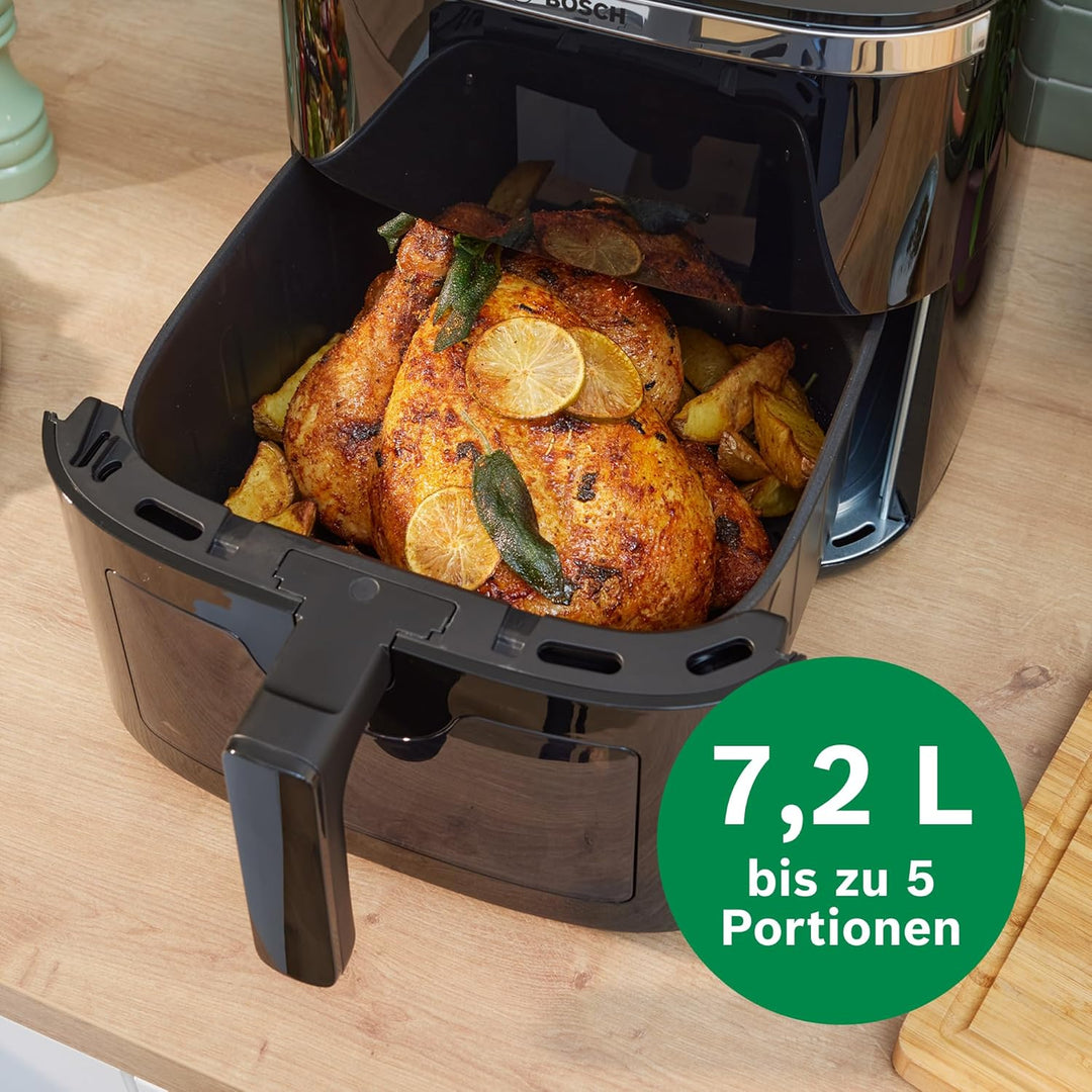 Bosch Heissluftfritteuse Serie 6, XXL 7,2 L Fassungsvermögen, 7 voreingestellte Programme, beleuchte