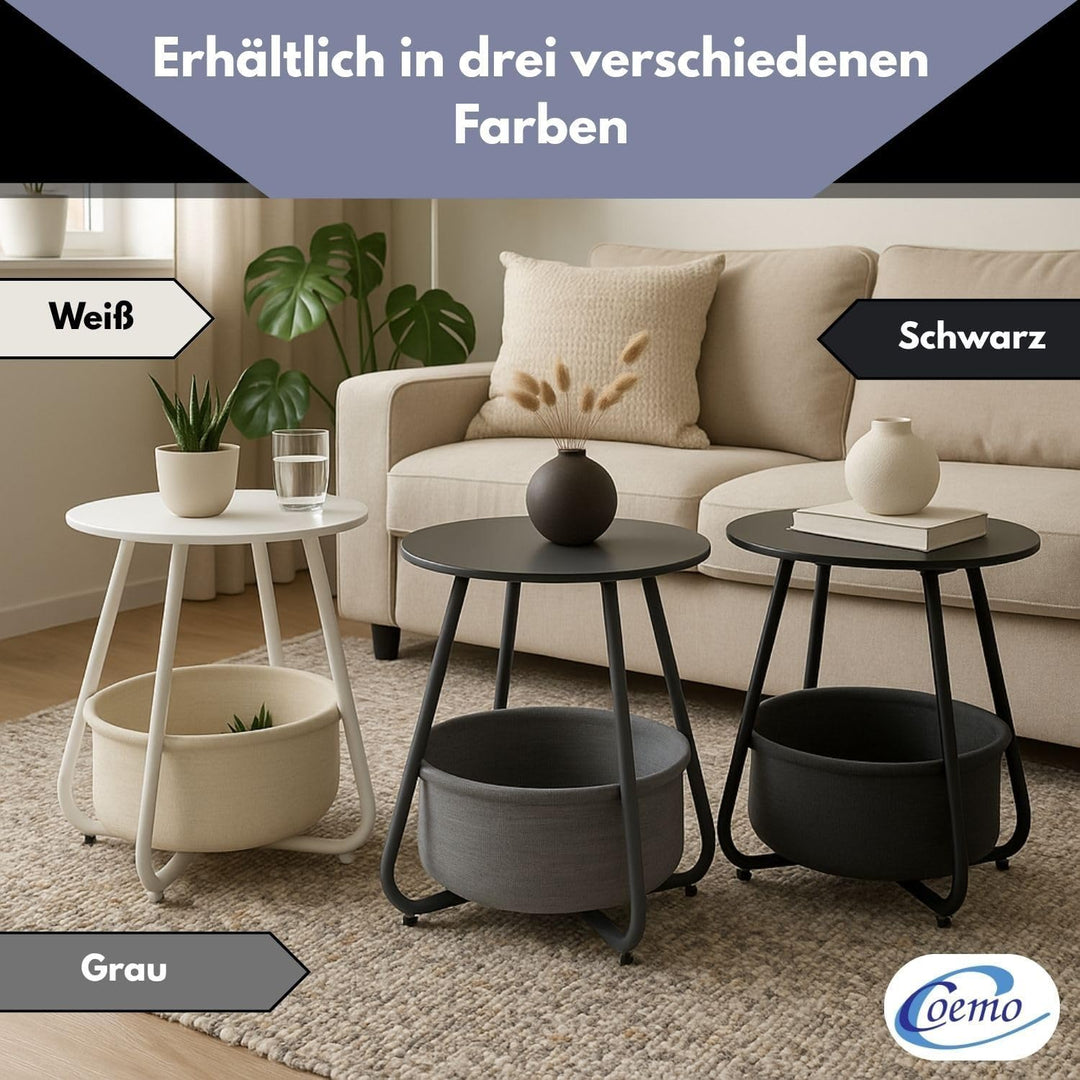 Coemo Couchtisch KOSI Weiss aus Metall Ø 45 x 45 cm mit Aufbewahrungskorb Canvas, Beistelltisch rund