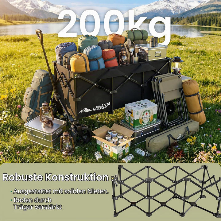LEWANJA 250L Bollerwagen Faltbar, Robuster Handwagen mit 200kg Tragkraft, Breite Räder mit Bremse &amp;