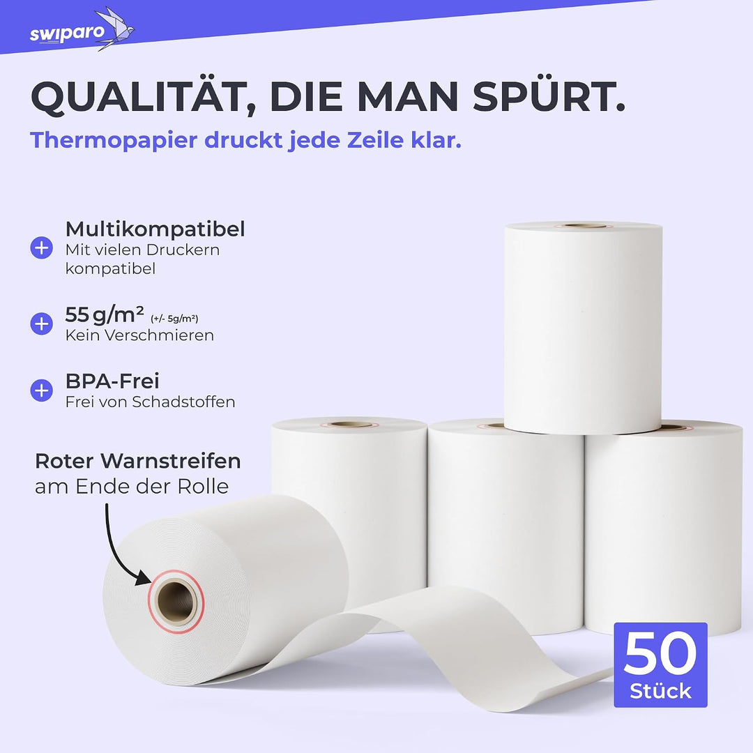 SWIPARO - Thermorollen 80mm x 50m x 12mm - Kassenrollen - Bonrollen zertifiziert für Registrierkasse