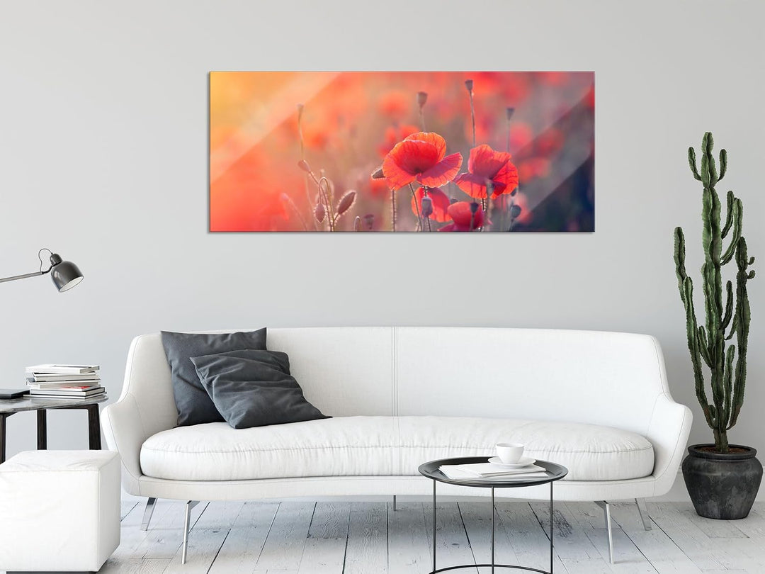 Pixxprint Glasbild Panorama, Wandbild aus Echtglas, Mohnblumenfeld, 100x40 cm, inkl. Aufhängung und