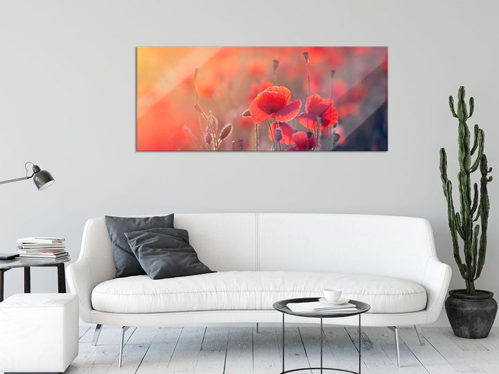 Pixxprint Glasbild Panorama, Wandbild aus Echtglas, Mohnblumenfeld, 100x40 cm, inkl. Aufhängung und