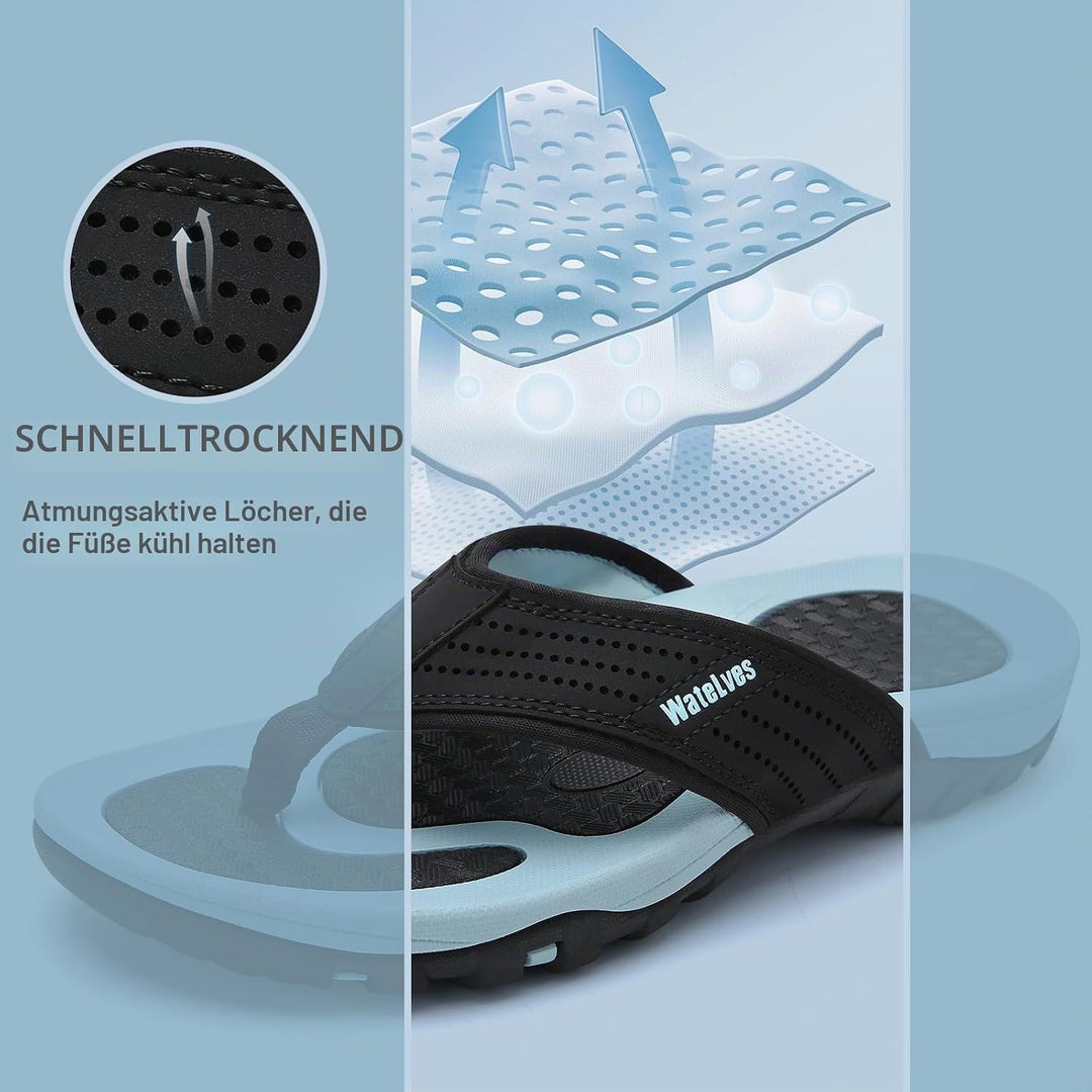 WateLves Herren Flip Flops Zehentrenner Leder mit Arch Support Sandalen Weich Leder Stoff Badelatsch