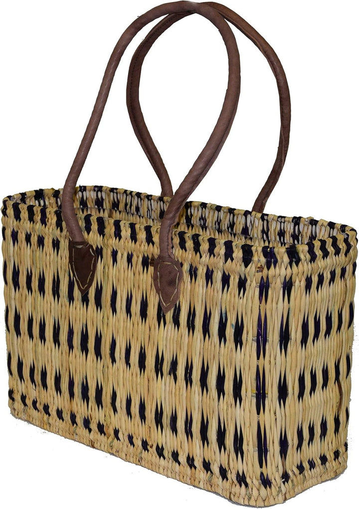Einkaufskorb aus Seegras I geflochtene Tasche mit Ledergriff I mittlere Grösse mit langem Griff I bl