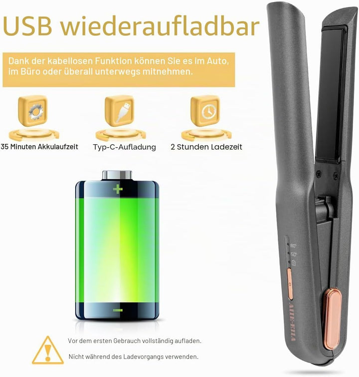 Kabelloser Haarglätter und Lockenwickler 2 in 1, Mini Haarglätter Und Lockenstab mit USB-C Aufladung