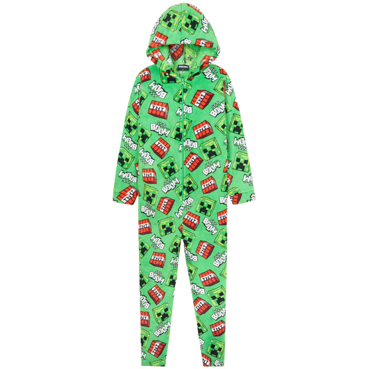 Minecraft Onesie Creeper Fleece Jumpsuit Sleepsuit Gamer Geschenk Schlafoverall mit Kapuze für Junge