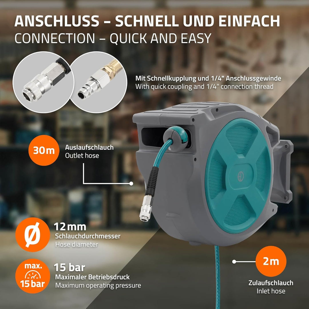 ECD Germany Druckluftschlauchtrommel 30m+2m, Automatischer Aufroller mit Arretierfunktion, 1/4" Ansc