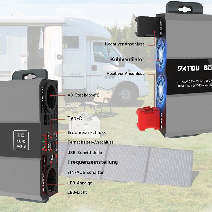 DATOUBOSS Wechselrichter 24v auf 230v Reiner Sinus 2000w, Spannungswandler 24v 230v 2000w mit AC Ste