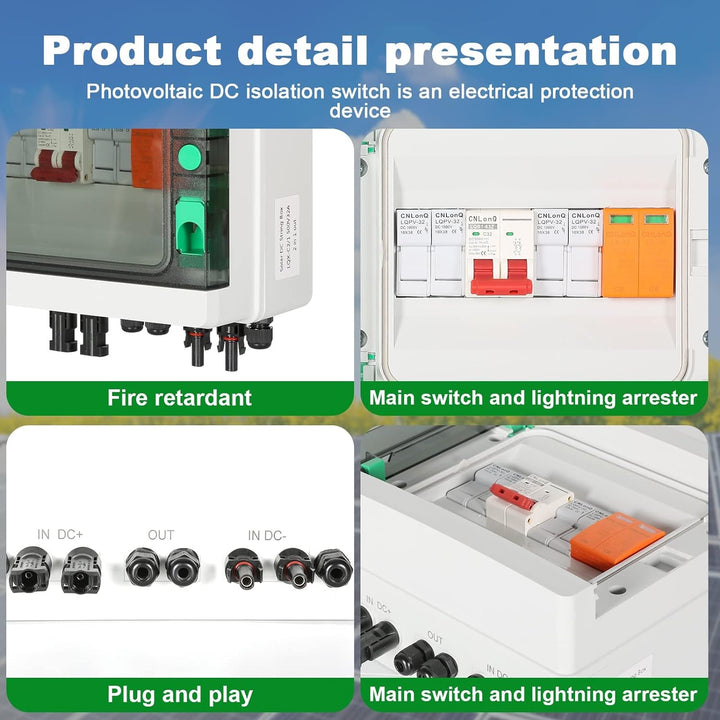DEWIN 2 Saiten Solar PV Combiner Box, 2 String 500V 32A Solar PV Anschlusskasten Box 2 in 1 aus Wass
